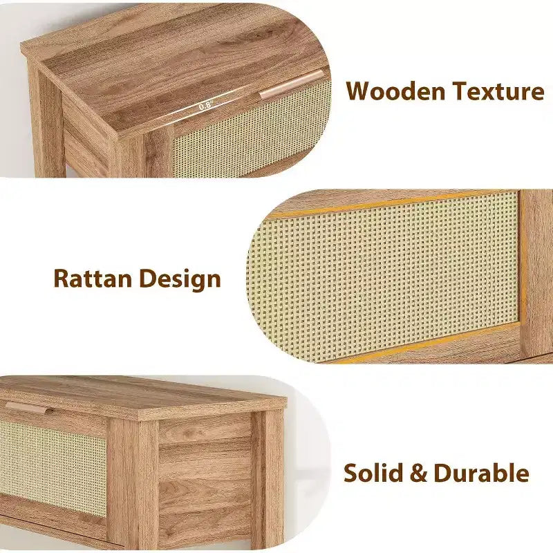 Consolle stretta in rattan, Tavolino da divano Boho con 2 cassetti, Mobile d'ingresso a 2 livelli, Tavolo dietro al divano per soggiorno e corridoio