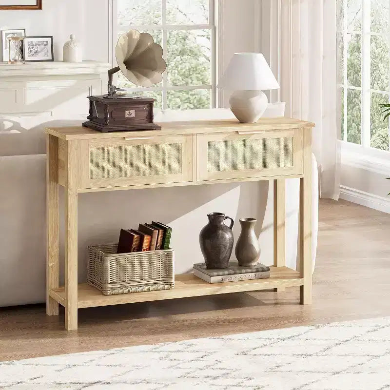 Consolle stretta in rattan, Tavolino da divano Boho con 2 cassetti, Mobile d'ingresso a 2 livelli, Tavolo dietro al divano per soggiorno e corridoio