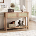 Narrow Rattan Console Table, Boho 2-Drawer Sofa Table, 2-Tier Entryway Storage, Behind Couch Table for Living Room & Hallway