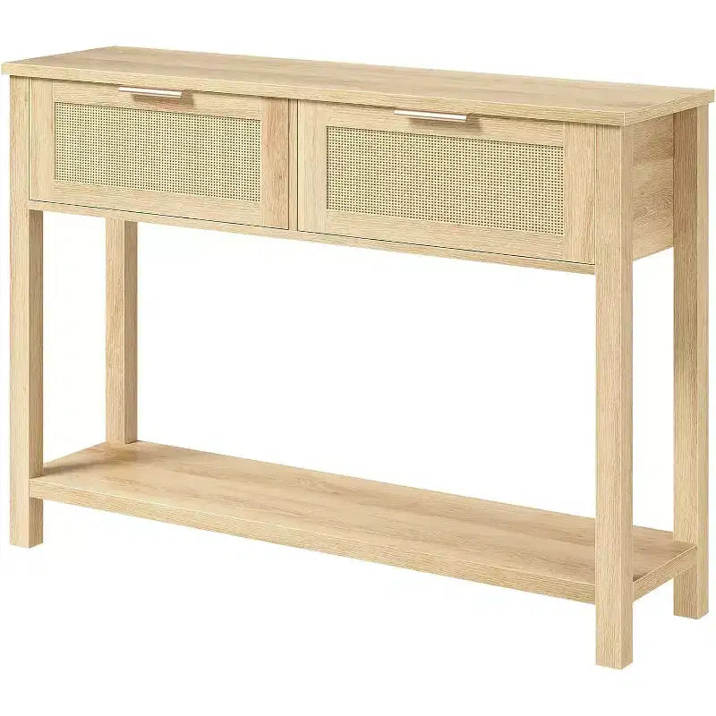 Consolle stretta in rattan, Tavolino da divano Boho con 2 cassetti, Mobile d'ingresso a 2 livelli, Tavolo dietro al divano per soggiorno e corridoio