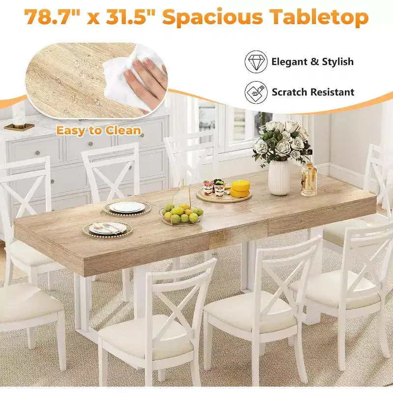 63-78,7 Tavolo da Pranzo Estensibile, Tavolo da Cucina 6-10 Posti, Tavolo da Cucina Rettangolare con Binario in Metallo, Gambe a U Affusolate per Sala da Pranzo, Ufficio - Rovere