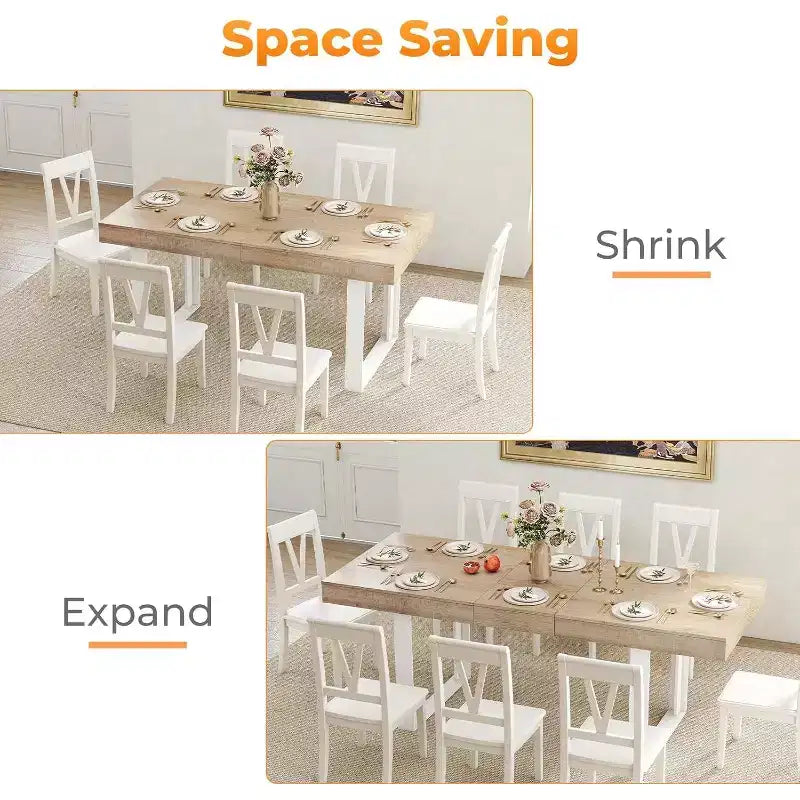 63-78,7 Tavolo da Pranzo Estensibile, Tavolo da Cucina 6-10 Posti, Tavolo da Cucina Rettangolare con Binario in Metallo, Gambe a U Affusolate per Sala da Pranzo, Ufficio - Rovere