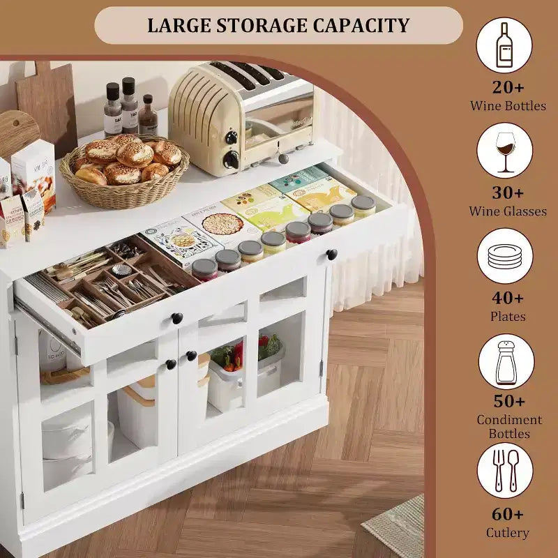 35.4 Mobile credenza moderno bianco - Credenza con ante in vetro e cassetti contenitore per sala da pranzo e cucina