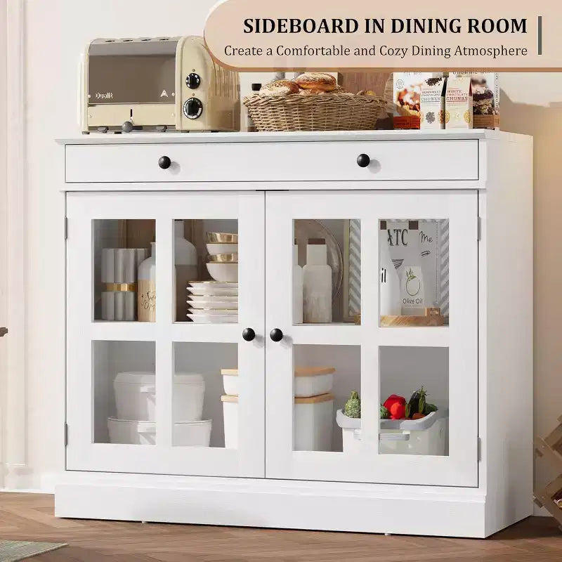 35.4 Mobile credenza moderno bianco - Credenza con ante in vetro e cassetti contenitore per sala da pranzo e cucina