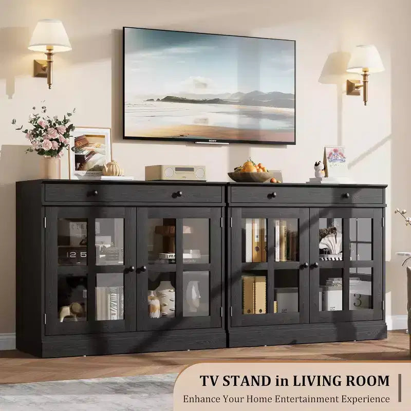 35.4 Mobile credenza moderno bianco - Credenza con ante in vetro e cassetti contenitore per sala da pranzo e cucina