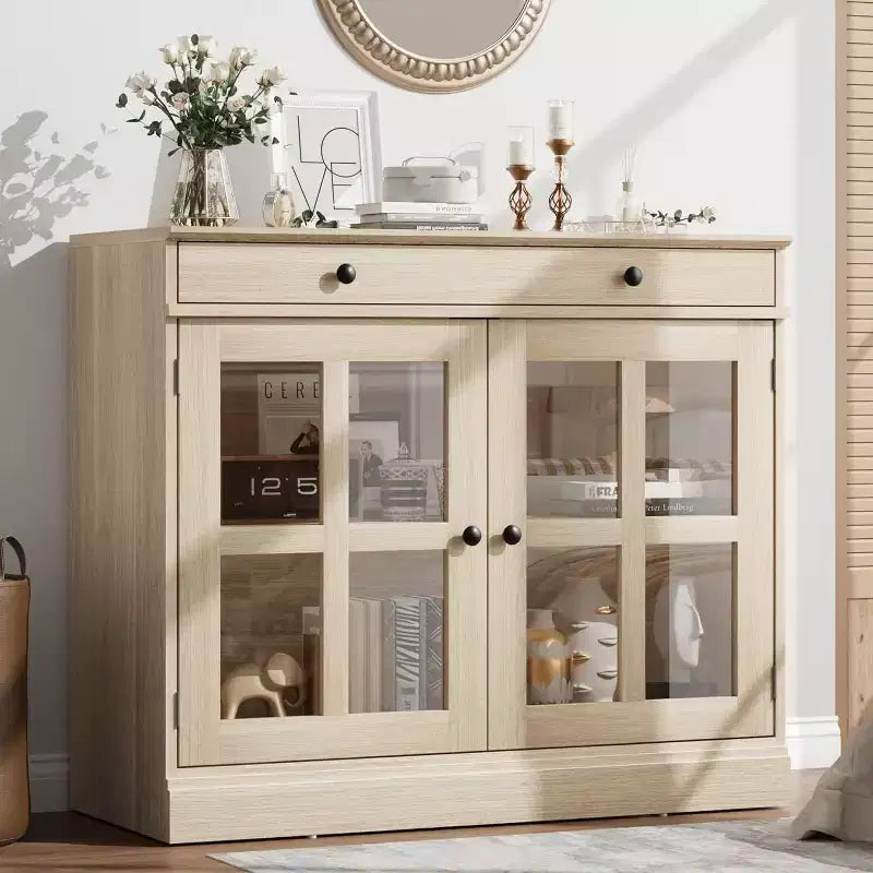 35.4 Mobile credenza moderno bianco - Credenza con ante in vetro e cassetti contenitore per sala da pranzo e cucina