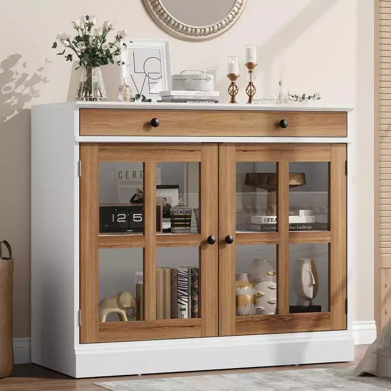 35.4 Mobile credenza moderno bianco - Credenza con ante in vetro e cassetti contenitore per sala da pranzo e cucina