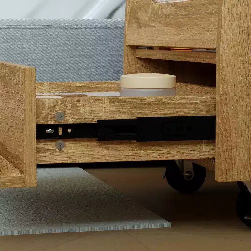 Comodino a forma di robot giocoso, rotazione a 360°, striscia LED touch-control, mobiletto laterale con piano girevole, ruote bloccabili