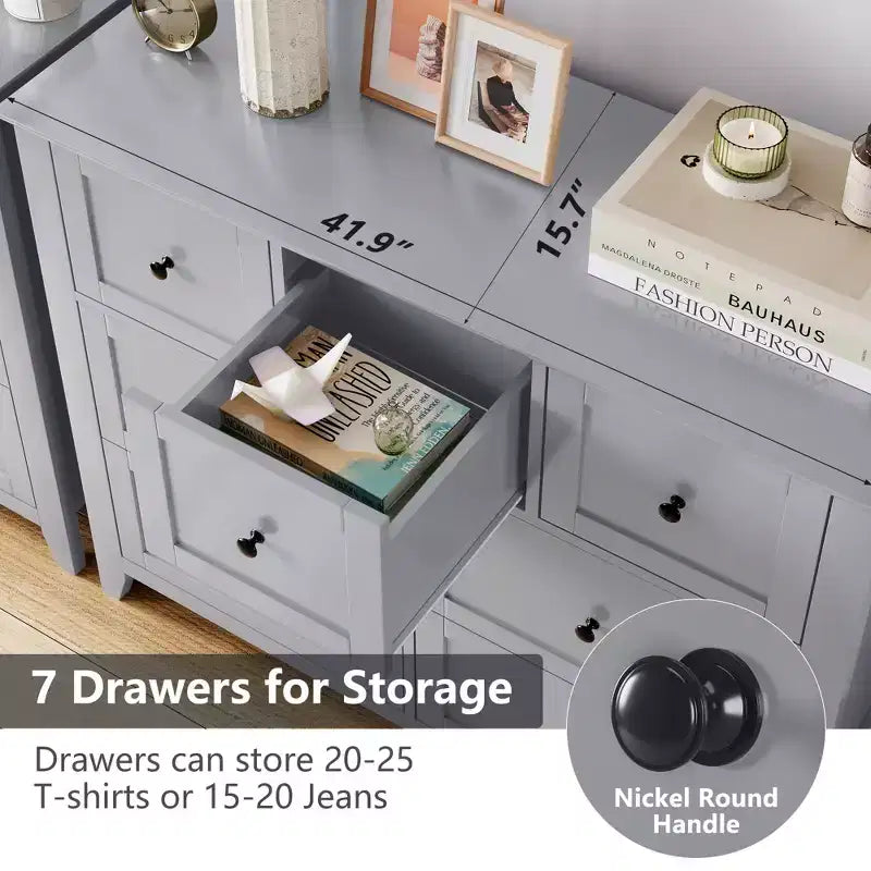 Mobile contenitore in legno con cassettiera, Comò a 7 cassetti, per ingresso soggiorno camera da letto, Grigio