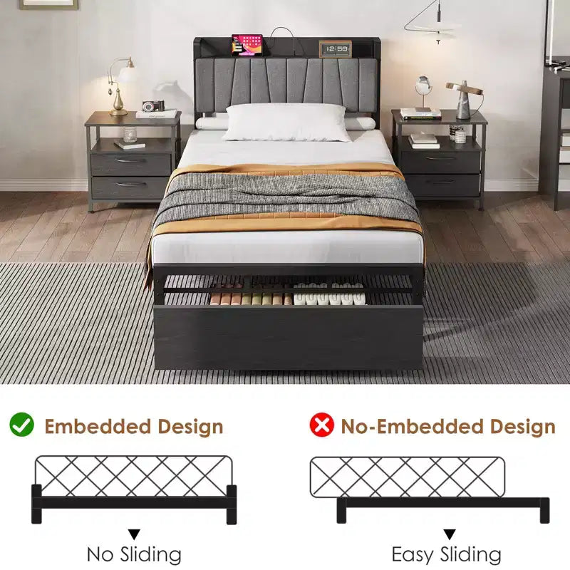 Struttura Letto Singolo con Testiera Contenitore, Letto a Piattaforma Singolo Nero con Ampio Cassetto e Stazione di Ricarica, Struttura Letto Industriale Senza Necessità di Rete a Molle