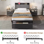 Struttura Letto Singolo con Testiera Contenitore, Letto a Piattaforma Singolo Nero con Ampio Cassetto e Stazione di Ricarica, Struttura Letto Industriale Senza Necessità di Rete a Molle