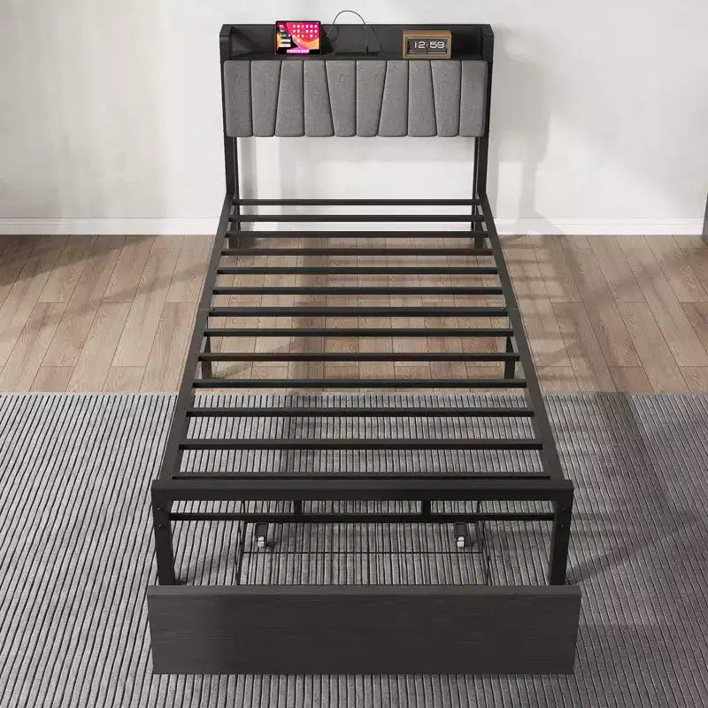 Struttura Letto Singolo con Testiera Contenitore, Letto a Piattaforma Singolo Nero con Ampio Cassetto e Stazione di Ricarica, Struttura Letto Industriale Senza Necessità di Rete a Molle