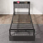 Struttura Letto Singolo con Testiera Contenitore, Letto a Piattaforma Singolo Nero con Ampio Cassetto e Stazione di Ricarica, Struttura Letto Industriale Senza Necessità di Rete a Molle