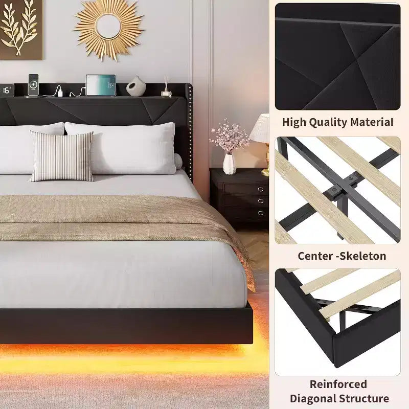 Struttura letto sospesa, Letto a piattaforma imbottito, Testiera e design con bottoni trapuntati, Supporto con doghe in metallo, Non è necessario il box spring
