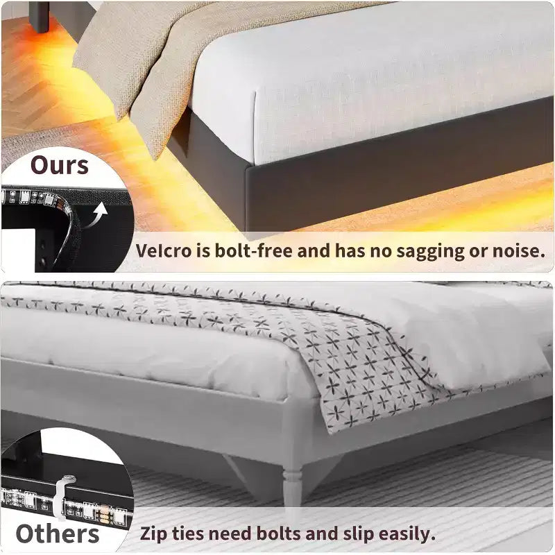 Struttura letto sospesa, Letto a piattaforma imbottito, Testiera e design con bottoni trapuntati, Supporto con doghe in metallo, Non è necessario il box spring