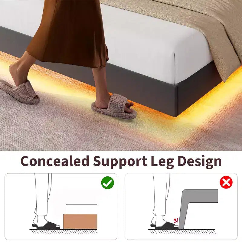 Struttura letto sospesa, Letto a piattaforma imbottito, Testiera e design con bottoni trapuntati, Supporto con doghe in metallo, Non è necessario il box spring