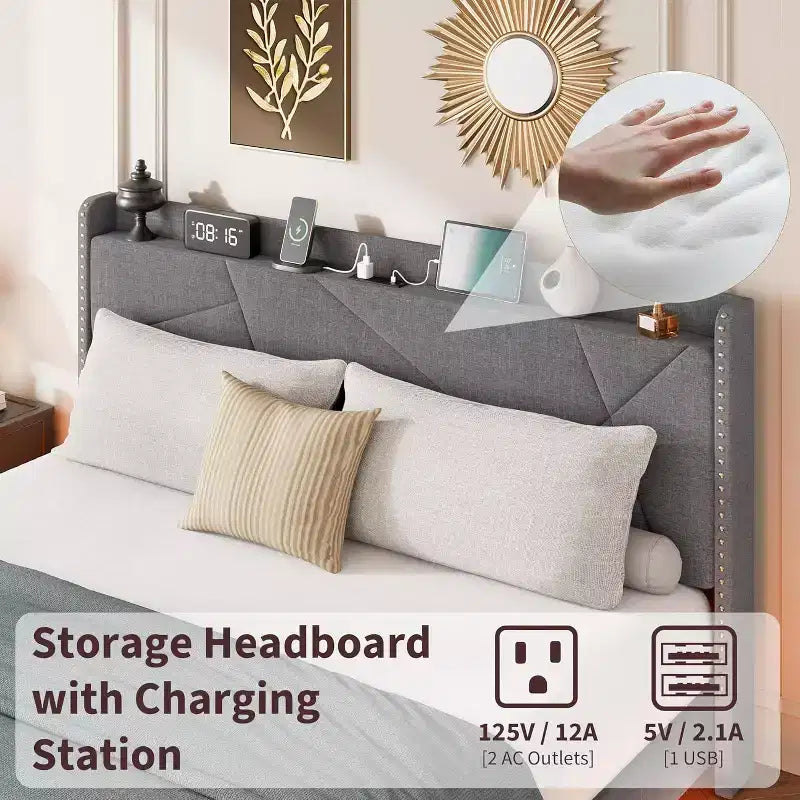 Struttura letto sospesa, Letto a piattaforma imbottito, Testiera e design con bottoni trapuntati, Supporto con doghe in metallo, Non è necessario il box spring