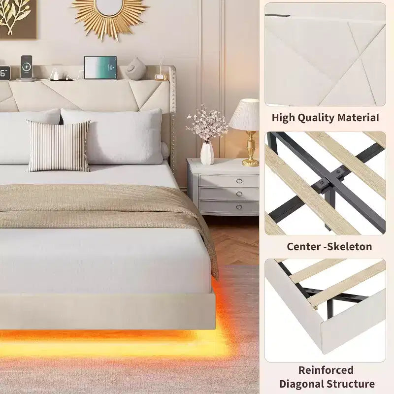Struttura letto sospesa, Letto a piattaforma imbottito, Testiera e design con bottoni trapuntati, Supporto con doghe in metallo, Non è necessario il box spring