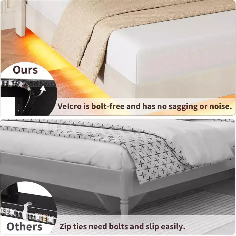 Struttura letto sospesa, Letto a piattaforma imbottito, Testiera e design con bottoni trapuntati, Supporto con doghe in metallo, Non è necessario il box spring