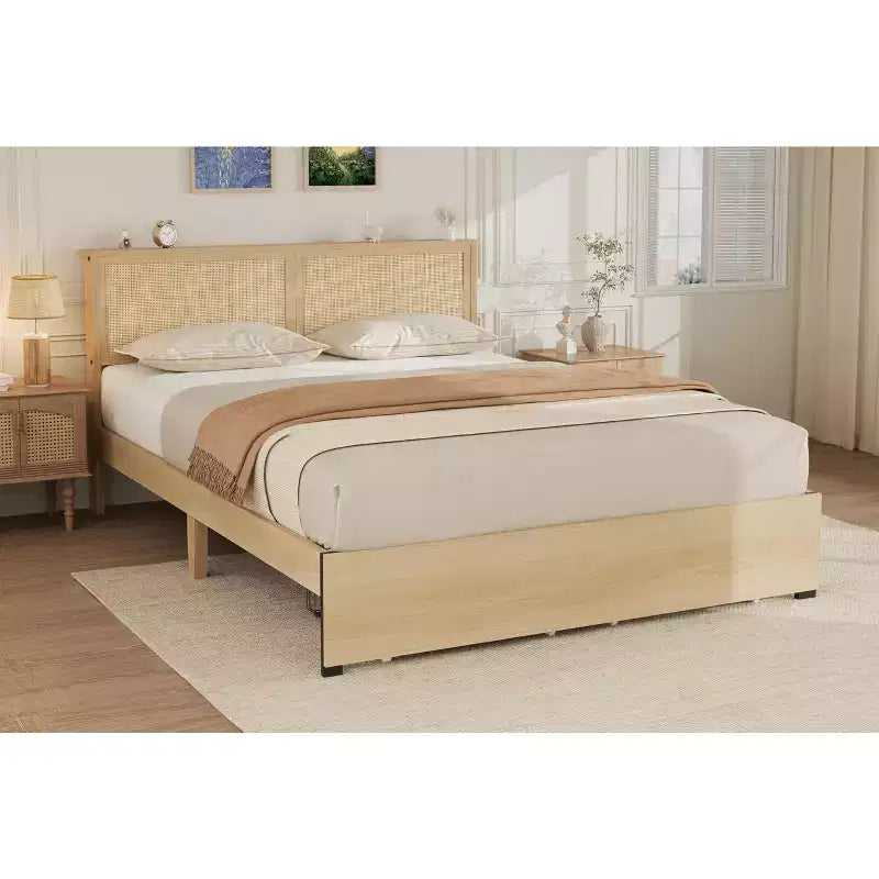 Struttura Letto Matrimoniale in Rattan con Testiera in Rattan Naturale, Struttura Letto Matrimoniale Francese/Matrimoniale/King Size in Rattan con 2 Cassetti, Base in Legno Massello con Doghe Silenziose