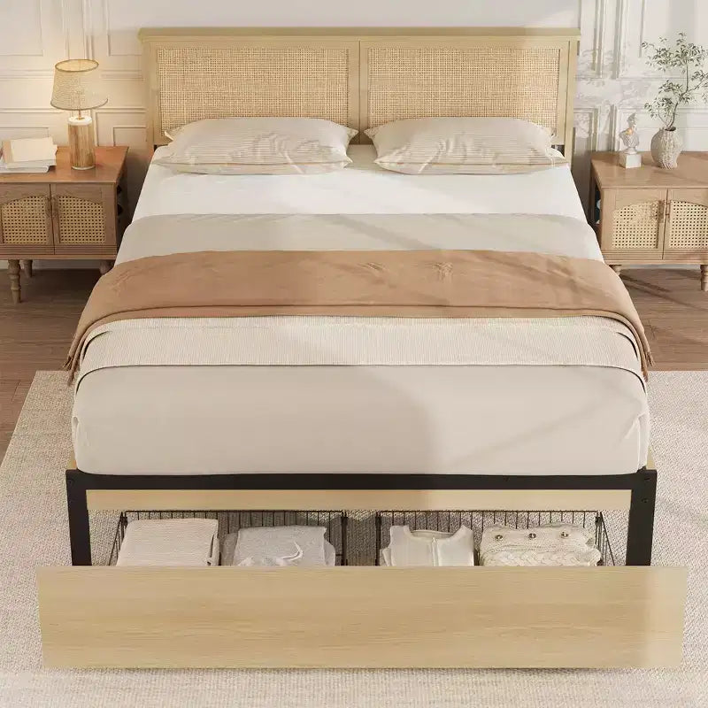 Struttura Letto Matrimoniale in Rattan con Testiera in Rattan Naturale, Struttura Letto Matrimoniale Francese/Matrimoniale/King Size in Rattan con 2 Cassetti, Base in Legno Massello con Doghe Silenziose