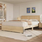 Struttura Letto Matrimoniale in Rattan con Testiera in Rattan Naturale, Struttura Letto Matrimoniale Francese/Matrimoniale/King Size in Rattan con 2 Cassetti, Base in Legno Massello con Doghe Silenziose