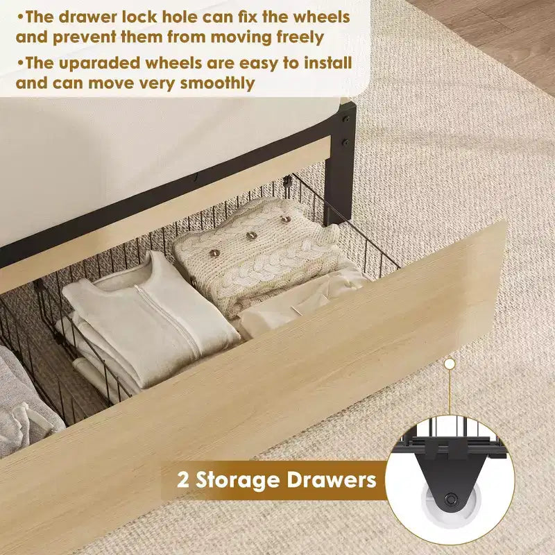 Struttura Letto Matrimoniale in Rattan con Testiera in Rattan Naturale, Struttura Letto Matrimoniale Francese/Matrimoniale/King Size in Rattan con 2 Cassetti, Base in Legno Massello con Doghe Silenziose