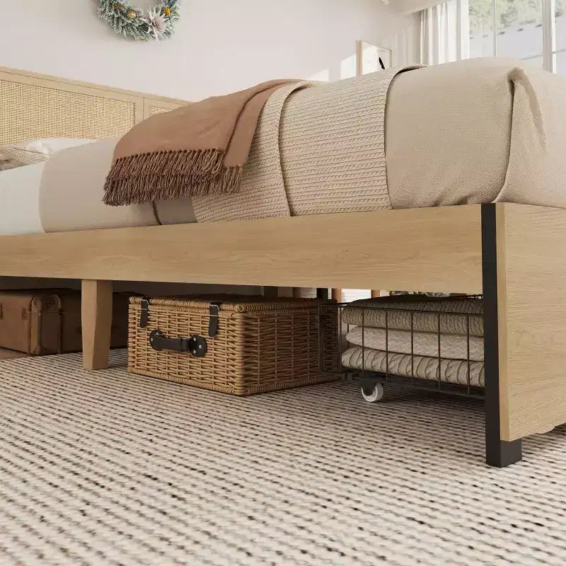 Struttura Letto Matrimoniale in Rattan con Testiera in Rattan Naturale, Struttura Letto Matrimoniale Francese/Matrimoniale/King Size in Rattan con 2 Cassetti, Base in Legno Massello con Doghe Silenziose