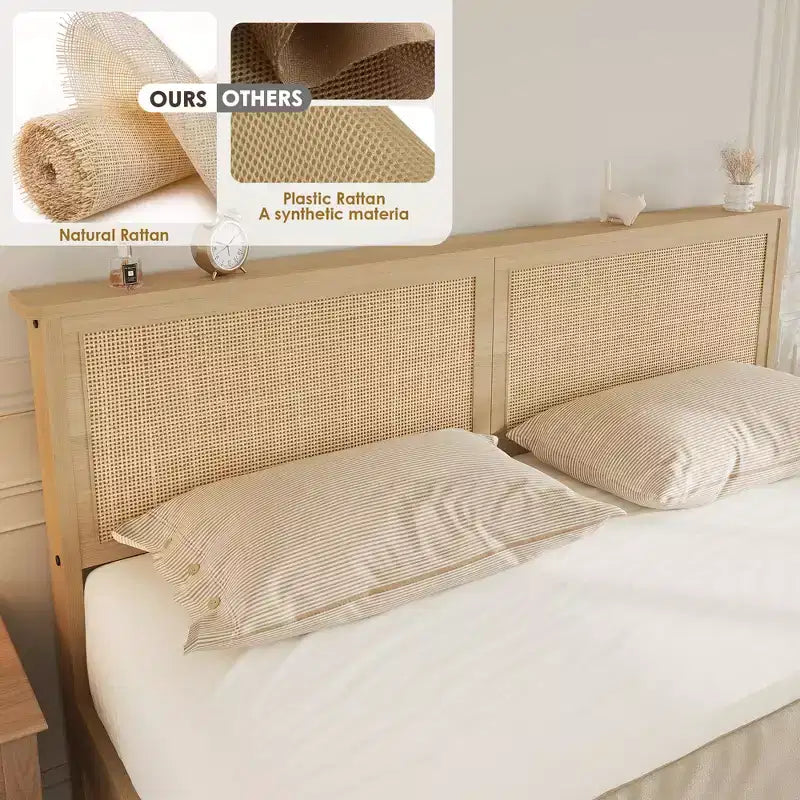 Struttura Letto Matrimoniale in Rattan con Testiera in Rattan Naturale, Struttura Letto Matrimoniale Francese/Matrimoniale/King Size in Rattan con 2 Cassetti, Base in Legno Massello con Doghe Silenziose