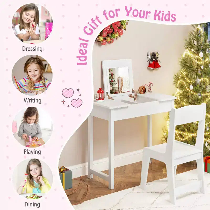 Set Tavolo Toeletta e Sedia per Bambini, Scrivania da Trucco 2-in-1 per Principesse