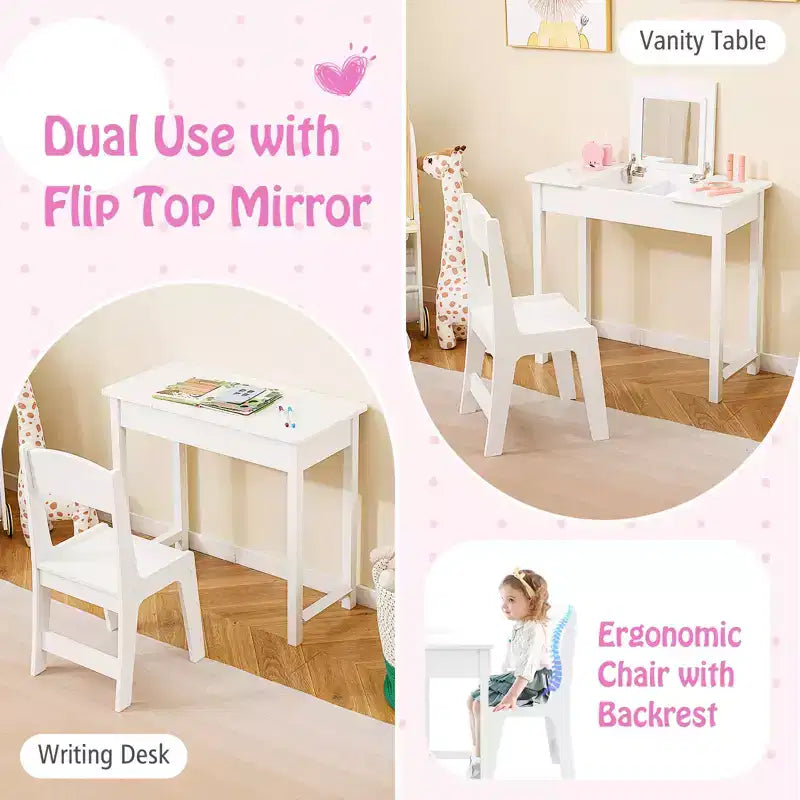 Set Tavolo Toeletta e Sedia per Bambini, Scrivania da Trucco 2-in-1 per Principesse