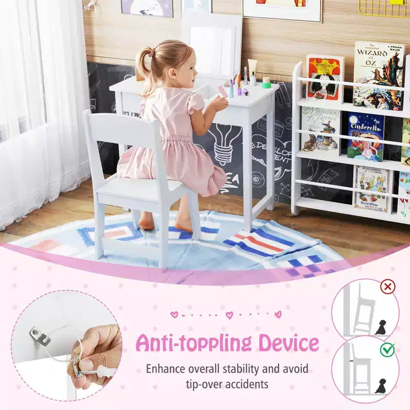 Set Tavolo Toeletta e Sedia per Bambini, Scrivania da Trucco 2-in-1 per Principesse