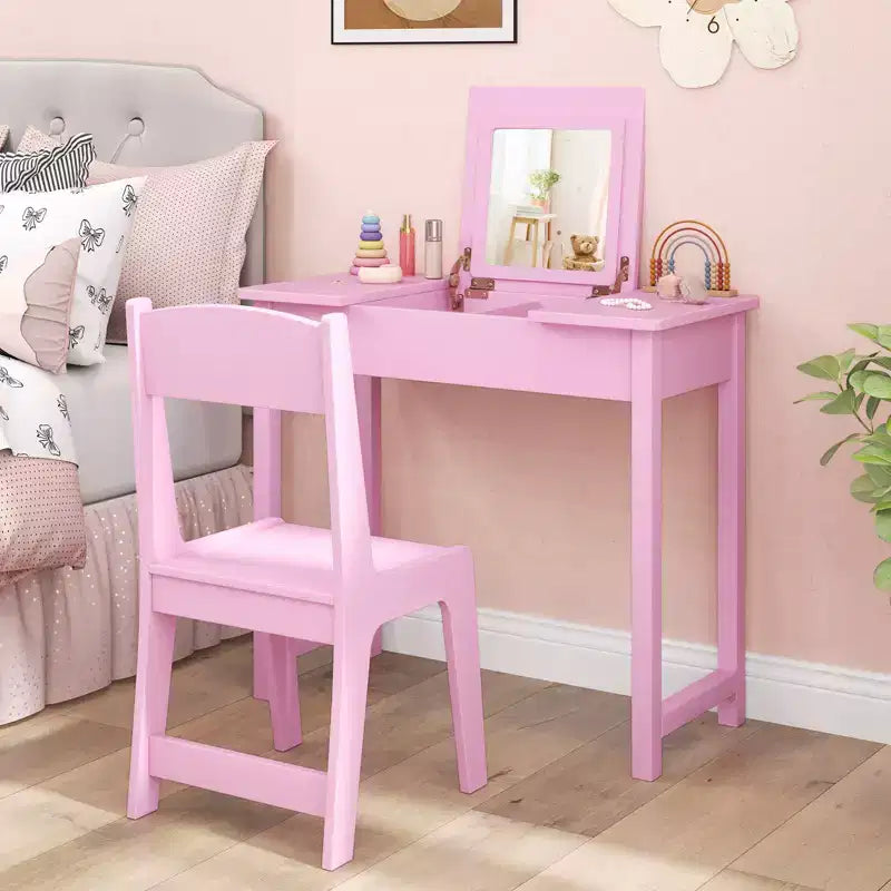 Set Tavolo Toeletta e Sedia per Bambini, Scrivania da Trucco 2-in-1 per Principesse