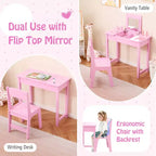 Set Tavolo Toeletta e Sedia per Bambini, Scrivania da Trucco 2-in-1 per Principesse