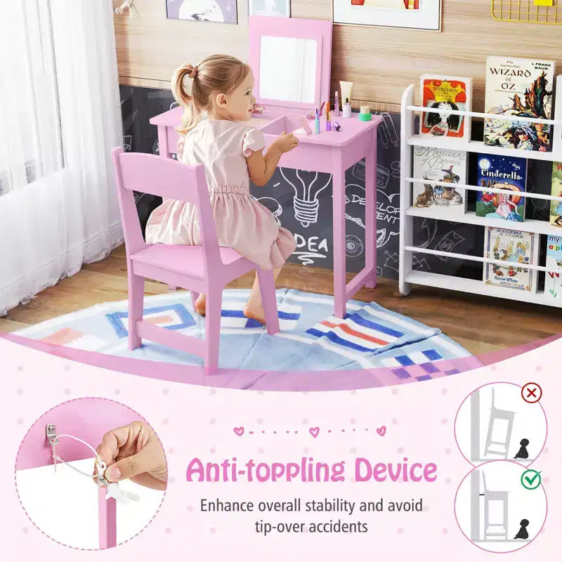 Set Tavolo Toeletta e Sedia per Bambini, Scrivania da Trucco 2-in-1 per Principesse