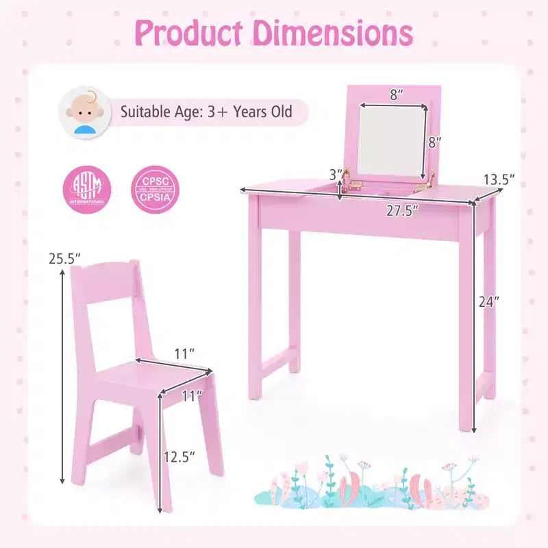 Set Tavolo Toeletta e Sedia per Bambini, Scrivania da Trucco 2-in-1 per Principesse