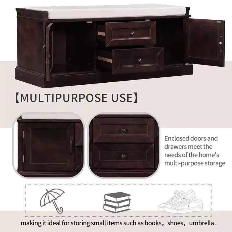 Panca Contenitore in Legno, Panca Contenitore da Ingresso con Cassetti e Ante, Panca Portascarpe da Foyer con Cuscino Rimovibile per Ingresso, Camera da Letto, Soggiorno
