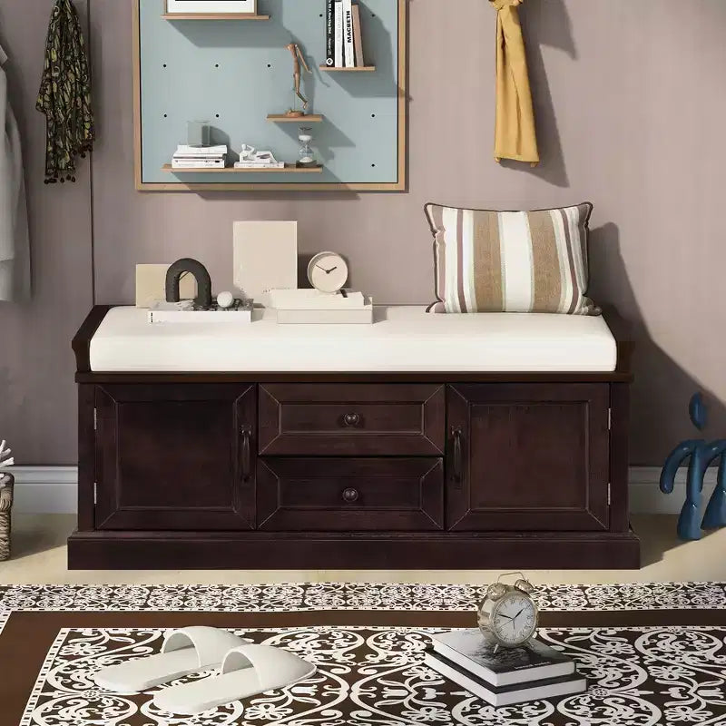 Panca Contenitore in Legno, Panca Contenitore da Ingresso con Cassetti e Ante, Panca Portascarpe da Foyer con Cuscino Rimovibile per Ingresso, Camera da Letto, Soggiorno