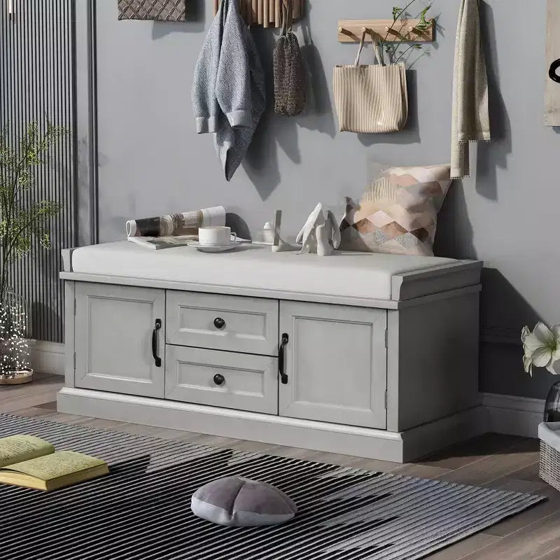 Panca Contenitore in Legno, Panca Contenitore da Ingresso con Cassetti e Ante, Panca Portascarpe da Foyer con Cuscino Rimovibile per Ingresso, Camera da Letto, Soggiorno