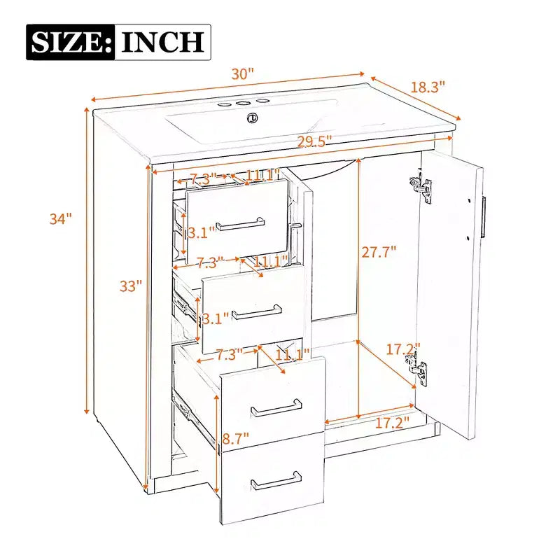 Mobile bagno 76 cm con lavabo, Mobiletto bagno con cassetti, Mobiletto bagno con lavabo singolo e ante con chiusura ammortizzata