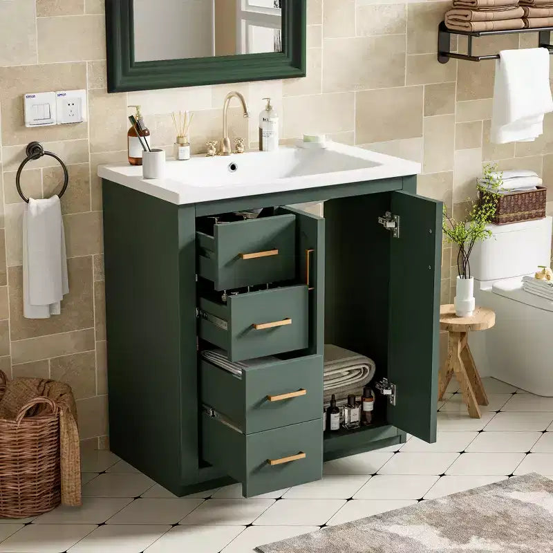 Mobile bagno 76 cm con lavabo, Mobiletto bagno con cassetti, Mobiletto bagno con lavabo singolo e ante con chiusura ammortizzata