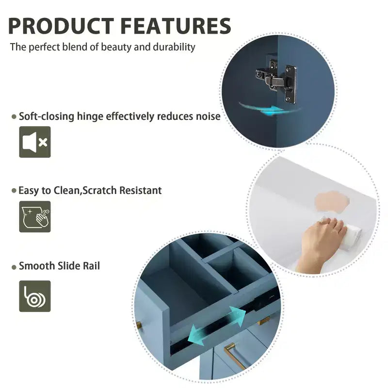 Mobile bagno 76 cm con lavabo, Mobiletto bagno con cassetti, Mobiletto bagno con lavabo singolo e ante con chiusura ammortizzata