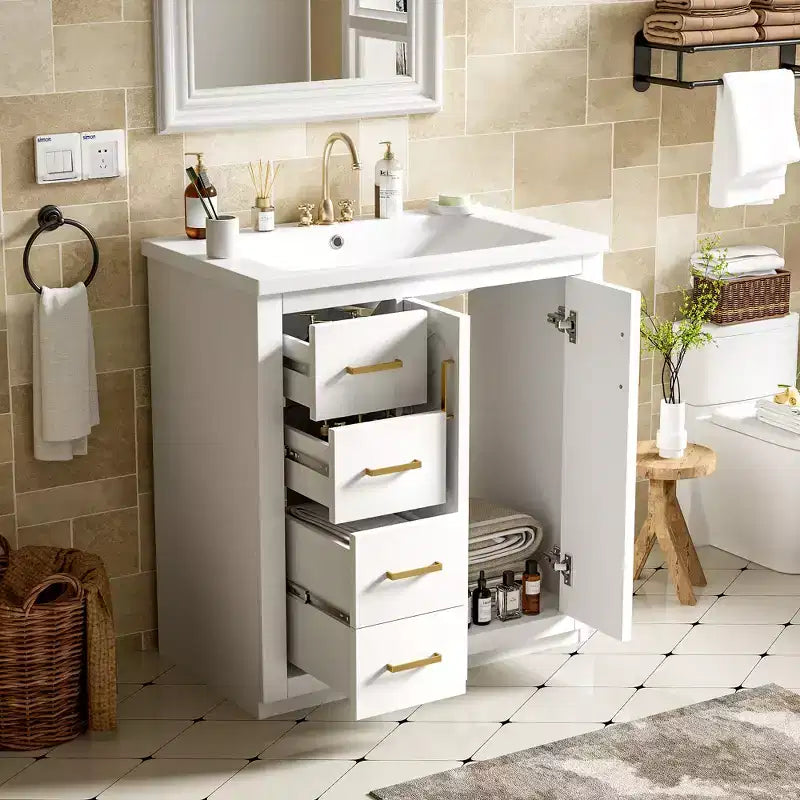 Mobile bagno 76 cm con lavabo, Mobiletto bagno con cassetti, Mobiletto bagno con lavabo singolo e ante con chiusura ammortizzata