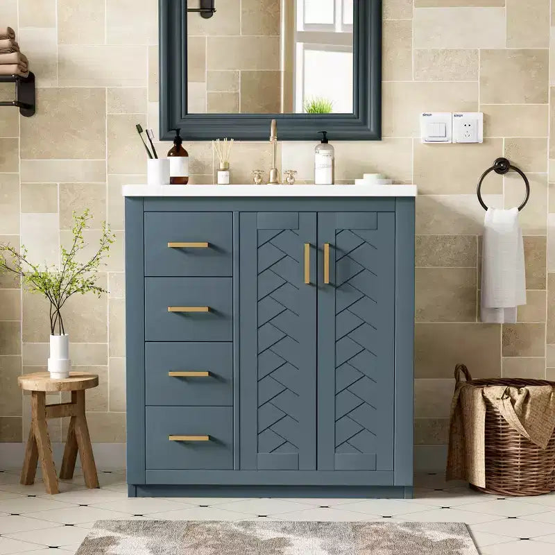 Mobile bagno 76 cm con lavabo, Mobiletto bagno con cassetti, Mobiletto bagno con lavabo singolo e ante con chiusura ammortizzata