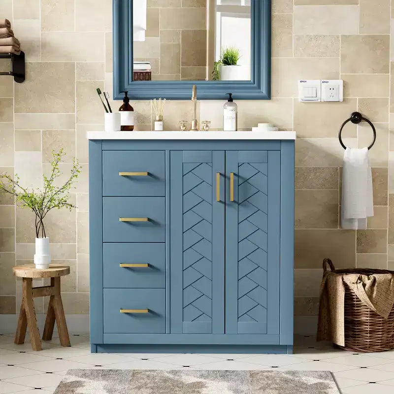 Mobile bagno 76 cm con lavabo, Mobiletto bagno con cassetti, Mobiletto bagno con lavabo singolo e ante con chiusura ammortizzata