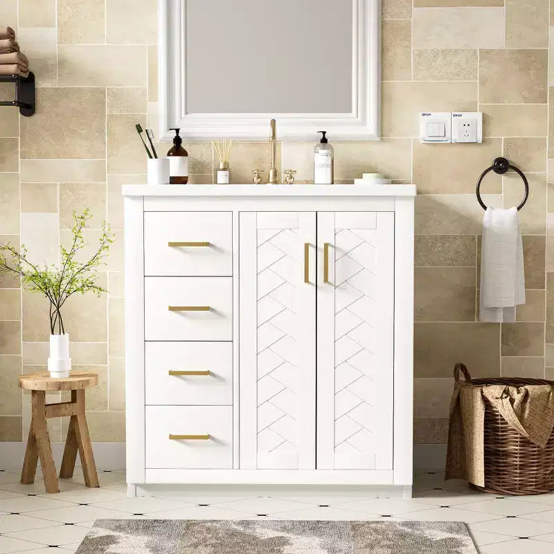 Mobile bagno 76 cm con lavabo, Mobiletto bagno con cassetti, Mobiletto bagno con lavabo singolo e ante con chiusura ammortizzata