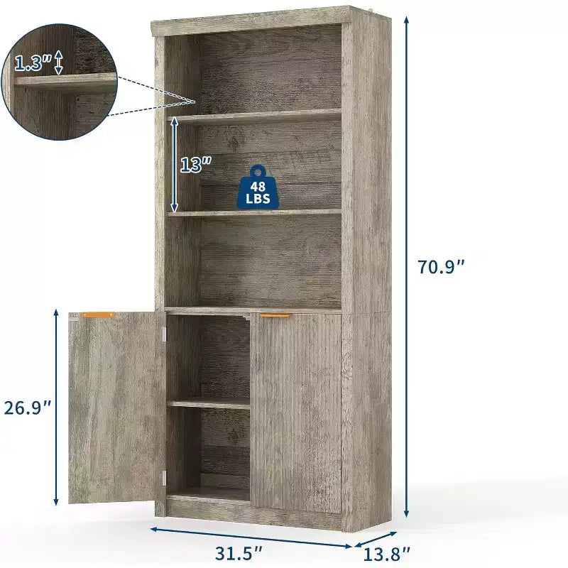 Libreria a 5 Ripiani con Ante, Scaffale da 180 cm, Ripiani Regolabili per Soggiorno o Ufficio