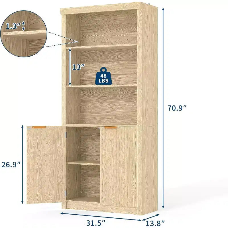 Libreria a 5 Ripiani con Ante, Scaffale da 180 cm, Ripiani Regolabili per Soggiorno o Ufficio