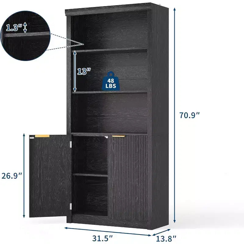 Libreria a 5 Ripiani con Ante, Scaffale da 180 cm, Ripiani Regolabili per Soggiorno o Ufficio