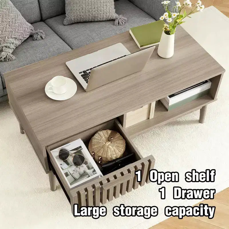 Tavolino da Caffè da 100 cm con Cassetto e Ripiano Aperto, Tavolo Centrale Rettangolare a 2 Livelli Stile Moderno di Metà Secolo per Soggiorno